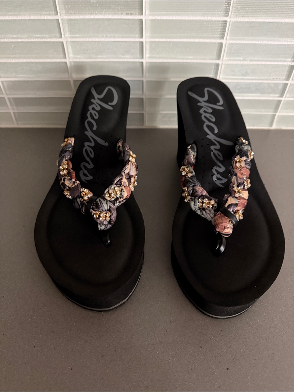 Skechers Black Wedge Sandals with Braided Multi-Color Straps